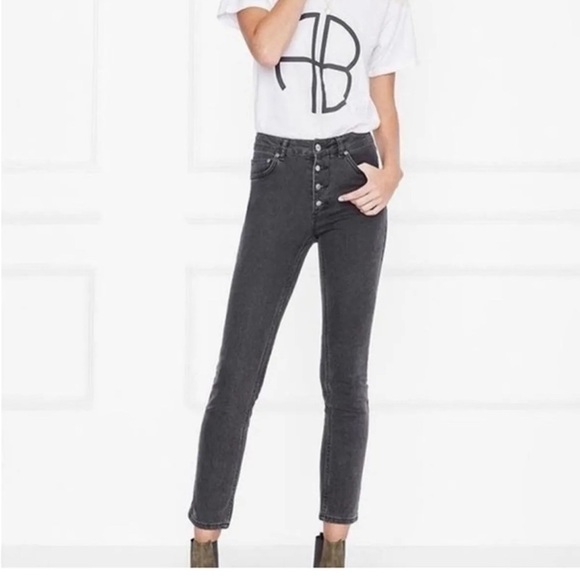 Anine Bing Frida High Rise Button Fly Straight Leg Jeans in Charcoal Black SZ 26